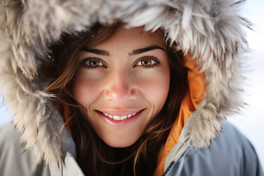 A happy beautiful woman traveler in the arctic. Ice and snow on eyelashes, face and clothes. Cold polar climate. Extreme travel and expeditions to the Arctic.