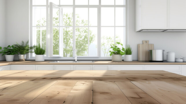 This picture shows a kitchen interior above a wooden counter, blurred interior of a wooden house, a white empty room. Modern dining table background kitchen worktop display table surface design