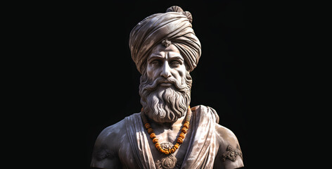 Turban sikh marble statue looking straight with a tense expression. Punjabi bust sculpture. 