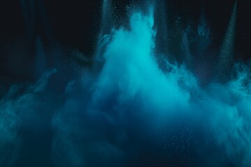 Captivating image of a vivid blue powder explosion creating a mystical cloud of color and particles against a dark background, reminiscent of an underwater scene or a cosmic event.