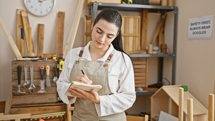 Hispanic woman carpenter writing in notebook at workshop
