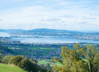 Zurich, Switzerland - Oktober 22nd 2023: View towards upper lake Zurich from the surrounding hills