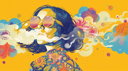 Psychedelic Illustration of Woman with Floral Smoke, Vintage 70s Style Artwork
