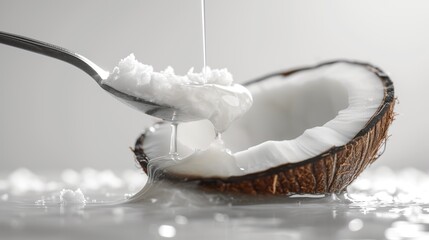 Fototapeta na wymiar Organic Coconut Oil Pouring from Spoon into Halved Coconut