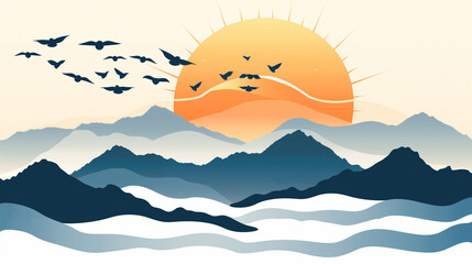 Minimalist Mountain Landscape with Sun and Flying Birds, Paper Cut Style Art