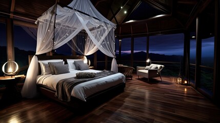 Bedroom of a honeymoon suite, night sky, canopy bed with white linen, wooden floor