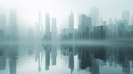 Fototapeta na wymiar 3d cityscape on a lake with large buildings.