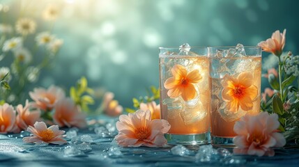 Obraz na płótnie Canvas Delicate floral accents complement summer cocktails against a minimalist backdrop