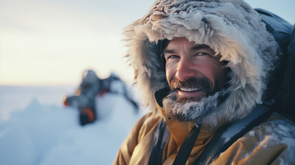A happy man traveler in the arctic. Ice and snow on eyelashes, face and clothes. Cold polar climate. Extreme travel and expeditions to the Arctic. - obrazy, fototapety, plakaty