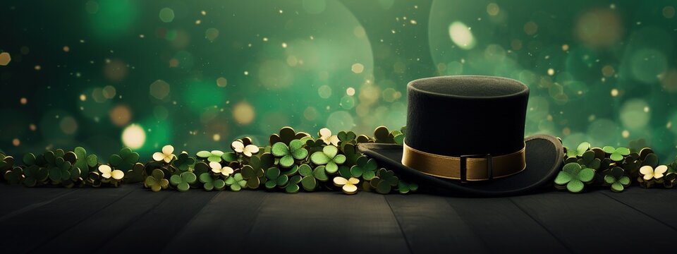 Green Irish hat with green clover leaves for St. Patrick's Day celebration concept background.