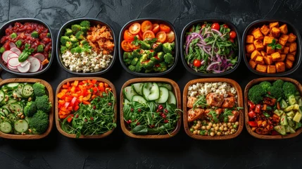 Poster Freshly prepared meals featuring colorful ingredients, encouraging mindful eating © olegganko