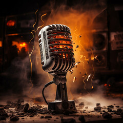A microphone has fire smoke around it on black background for a music or entertainment concept. Retro microphone against on the background blur colorful light, restaurant, recording studio club stage