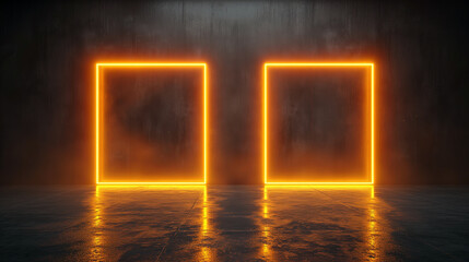 Two glowing orange rectangular frames and smoke in an empty room. Copy space for text or product.