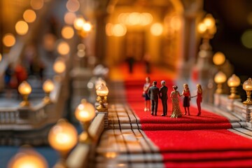 A miniature red carpet event with tiny figures, for grand opening, movie premiere, or an awards ceremony, for use in cinema event promotions, exclusive invitations, or as a creative concept for film 