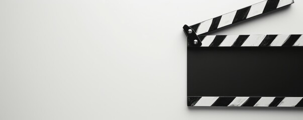 A clapperboard on a clean white background, perfect for a film production workshop announcement, a movie set equipment rental service, or a background for a filmmaking tutorial blog. - obrazy, fototapety, plakaty