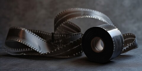 A coiled roll of film on a textured charcoal grey background, representing classic filmmaking, suitable for cinema history promotions, movie-related educational content, or as a vintage backdrop 