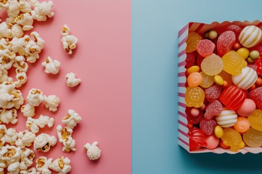 Popcorn and a box of assorted candies on a two-tone background, ideal for a family movie night flyer, a cinema concession stand menu, or a fun background for a film-themed party invitation.