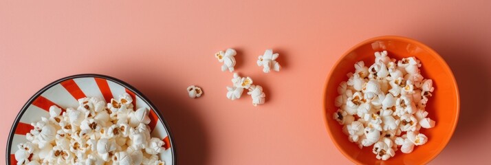 Two bowls of popcorn on a soft pink background, ideal for a casual movie night advertisement, a cinema snack bar menu, or as a playful backdrop for a film review blog.