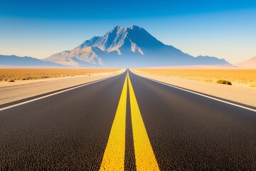 An empty, straight road stretches towards a majestic mountain range under a clear blue sky. The golden hues of the desert contrast with the striking double yellow lines of the road, inviting viewers - Powered by Adobe