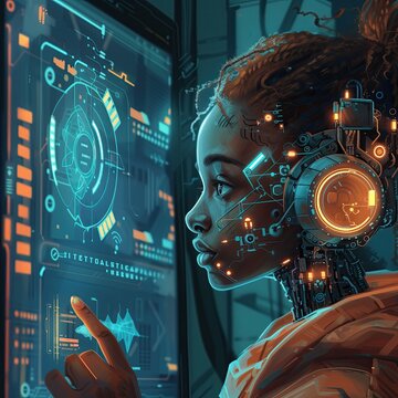 3d rendering of a young stident in front of a futuristic screen, chat bot interface