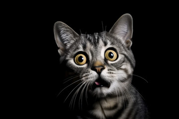 Fototapeta premium Funny surprised cat isolated on black background. Studio portrait of a cat with amazed face.