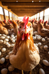 A hen lays eggs at a chicken coop in a group of chickens at a bio farm.