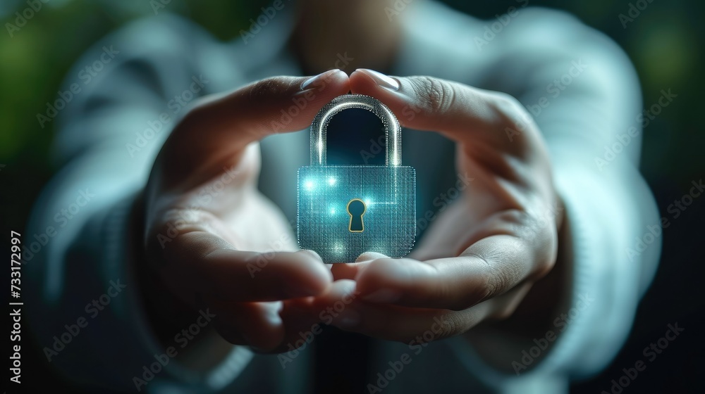 Poster digital person holding hand with a lock on the symbol to indicate security, in the style of shaped c