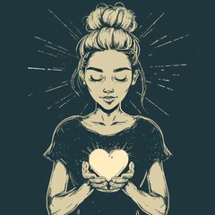 modern doodle style illustration woman with heart in hands