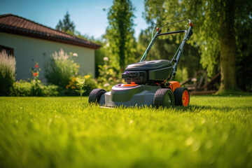 Obraz na płótnie Canvas A lawn mover on green grass in modern garden. Machine for cutting lawns.