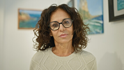 Middle-aged hispanic woman with glasses posing in art gallery