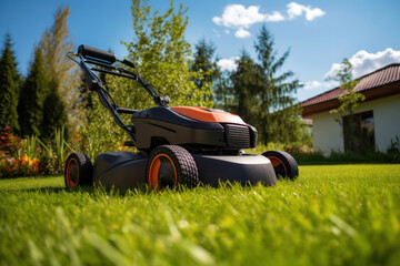 A lawn mover on green grass in modern garden. Machine for cutting lawns.