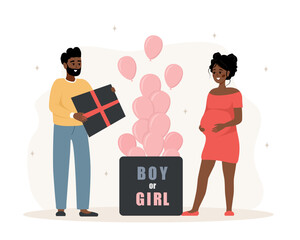 Gender reveal party. Its a girl. Couple opening surprise gift box with inscription Boy or girl. African family expecting unborn child. Pink balloons. Baby shower. Vector illustration in cartoon style.