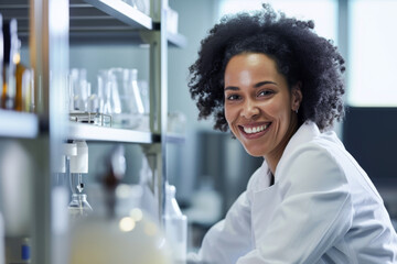 Portrait of smiling female researcher carrying out scientific research in a lab
 - obrazy, fototapety, plakaty