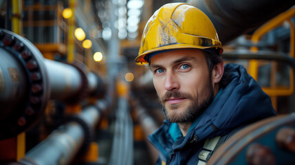 Engineer worker inspecting an industrial pipeline in a large factory.
