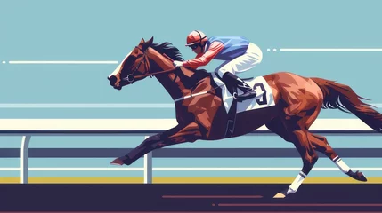 Poster Jockey sprinting with a racehorse on a horse racing trak, flat style colorful vector illustration © Azad