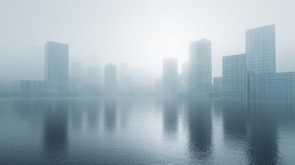 Fototapeta na wymiar 3d cityscape on a lake with large buildings.
