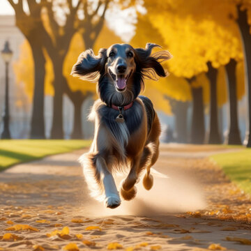 cheerful, majestic, beloved, graceful, happy, crazy and beautiful black Afghan hound dog or puppy running and flying on the road in the park at sunset alone portrait. Generative AI