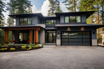 A luxurious new construction home, Modern style of home with car garage. - obrazy, fototapety, plakaty