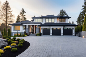 A luxurious new construction home, Modern style of home with car garage. - obrazy, fototapety, plakaty