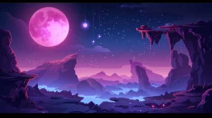 Night landscape with neon moon and rocky cliffs. Vector cartoon illustration of bright stars glowing in dark sky, stone platforms hanging in air, alien planet surface. Space adventure game background 
