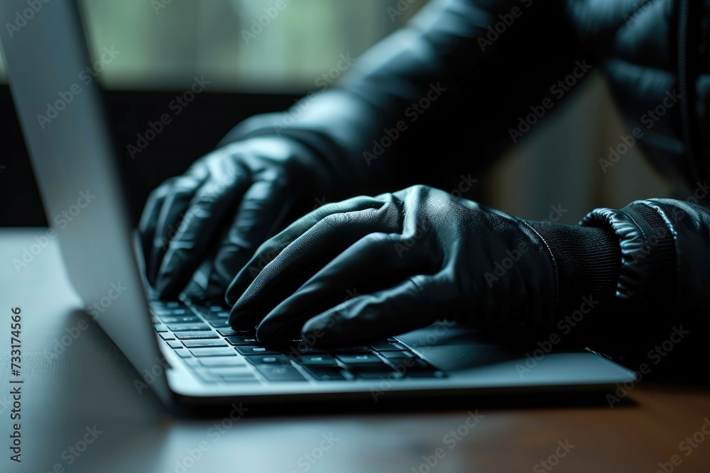 Poster close up, a person in black gloves using laptop. generative ai.