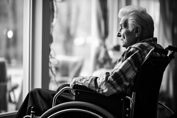A black and white photo of an older, senior, retired elderly man in a wheelchair, in a home, who...
