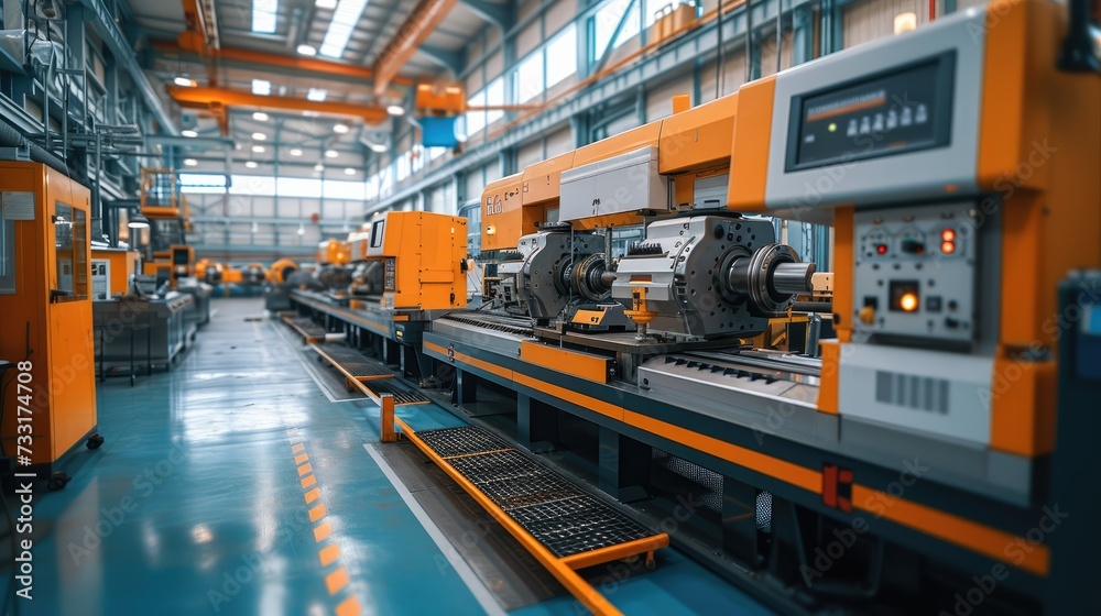 Poster CNC machine in factory, huge production workshop. Generative AI.