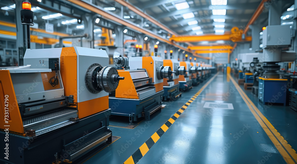Poster CNC machine in factory, huge production workshop. Generative AI.