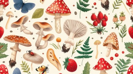 Seamless pattern with mushrooms, plants, insects, berries. Fly agaric, chanterelles, white mushroom, honey agaric, boletus, morel, russula, snail, strawberry, fern, butterflies, dragonfly 