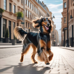 cheerful, majestic, beloved, graceful, happy, crazy and beautiful black Afghan hound dog or puppy running and flying on the city sidewalk at sunset alone portrait. Generative AI