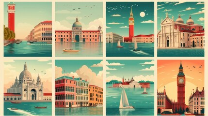 Set of Travel Destination Posters in retro style. Paris, France, London, England, Venice, Italy prints. European summer vacation, holidays concept. Vintage vector colorful illustrations - obrazy, fototapety, plakaty