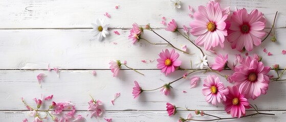 Shabby Chic Spring: Pink Daisies on White Wood

