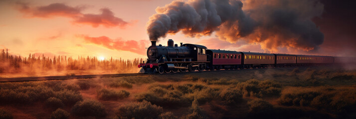 A vintage steam powered railway train in smoke. Steam locomotive with wagon drives in steam and smoke.