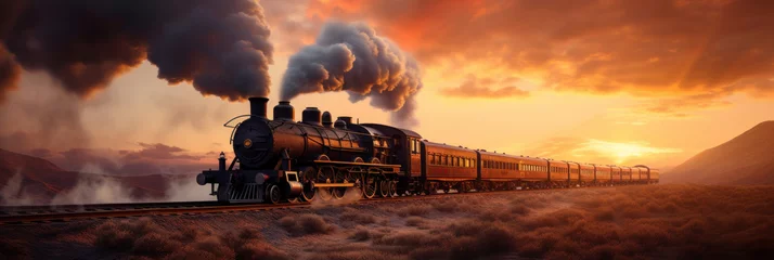 Foto op Canvas A vintage steam powered railway train in smoke. Steam locomotive with wagon drives in steam and smoke. © Wararat